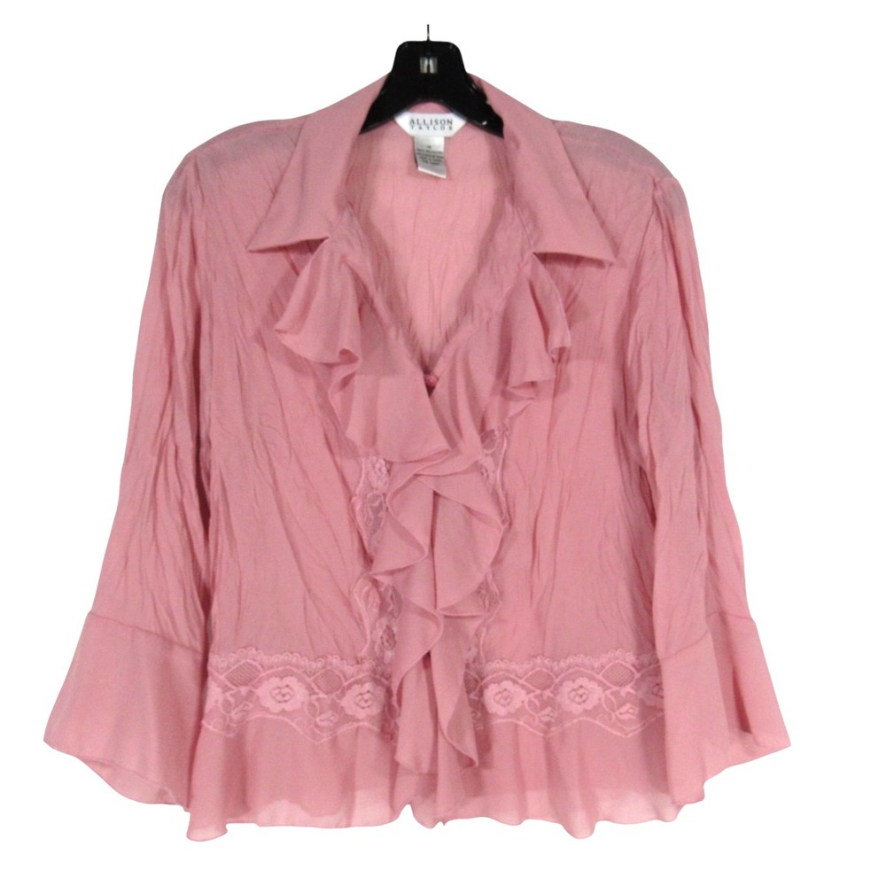 Allison Taylor Pink Crepe Chiffon Button-Up Lace & Ruffle Detail Blouse/Top M
